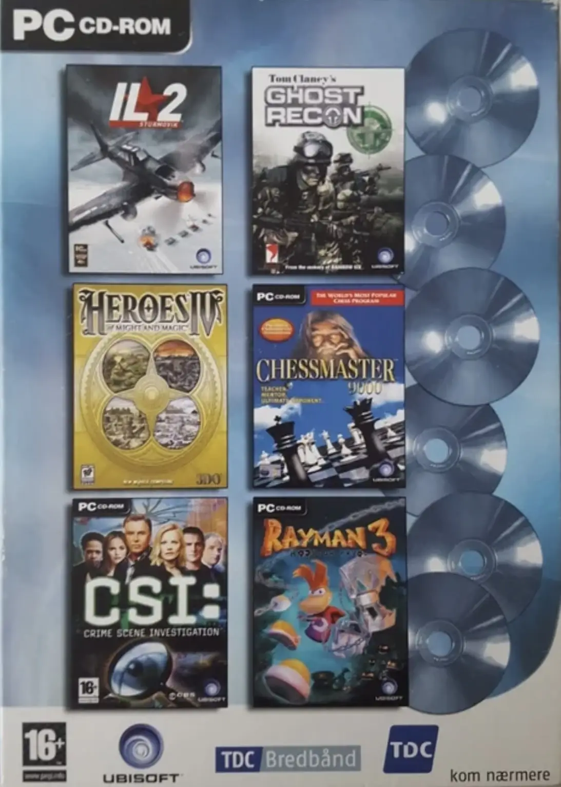 TDC Spilpakke (IL 2, Ghost Recon, Heroes IV, Chessmaster 2000, CSI, Rayman 3)